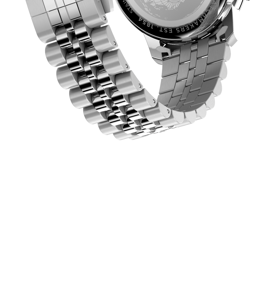 A close-up of the Timex Waterbury Metropolitan Chronograph’s stainless steel bracelet and case back, showing the polished metal links and engraved case details.